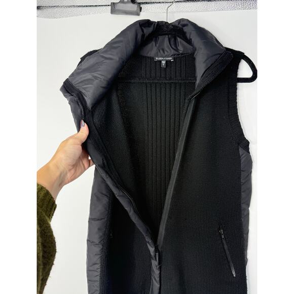 Eileen Fisher Merino Wool Puffer Trim Vest Black Sleeveless Funnel Neck M - Picture 4 of 10